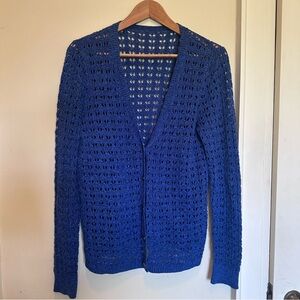 DKNY Jeans Open Knit V-Neck Blue Long Sleeve Cardigan Sweater, Crochet-Like